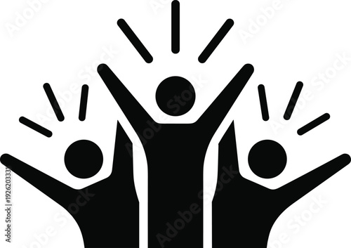 Silhouette people celebrating unity, joyful group illustration, teamwork success, community achievement, raised arms excitement, collective happiness, abstract human connection design