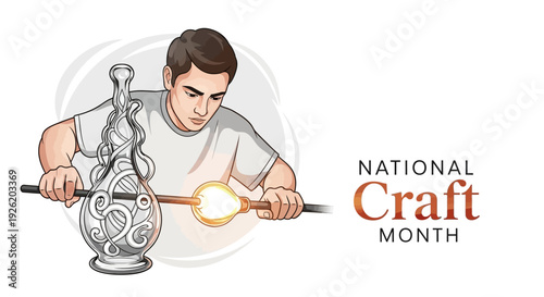Illustration of a man crafting with a blowtorch in a creative activity for National Craft Month with DIY project elements.