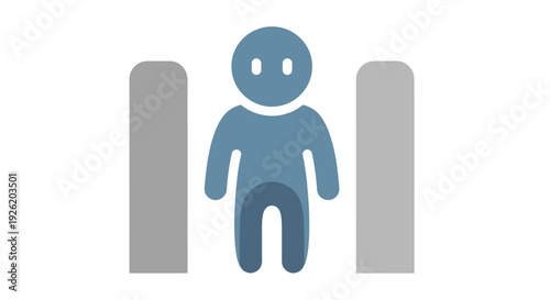 A 2D flat mascot icon illustrating a person standing between two vertical pillars representing a gateway or security checkpoint, with a modern and minimalist design aesthetic