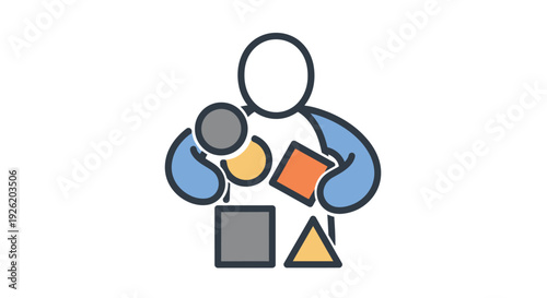 A 2D flat mascot icon illustrating a stylized figure managing diverse geometric shapes, symbolizing organization, problem-solving, adaptability, and creative development processes with efficiency