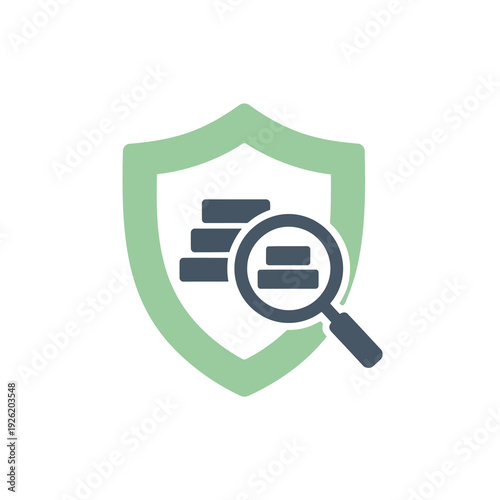 A magnifying glass examining documents on a shield icon, symbolizing security and scrutiny in a digital environment, viewed from a straightforward perspective.