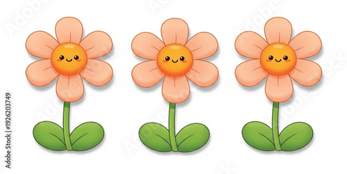 Cute Smiling Flower Cartoon Character Set with Happy Faces, Adorable Spring Floral Illustration for Kids Design, Stickers, Nursery Prints and Decoration