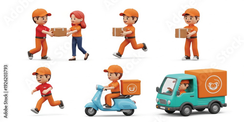Delivery Service 3D Characters Set with Courier Worker Scooter Truck and Package Shipping Logistics Illustration for Ecommerce Transport and Fast Delivery Concept