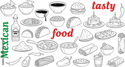 Mexican Food Hand Drawn Illustration Set with Tacos, Burritos, Nachos, Avocado, Tequila and Traditional Latin Cuisine Sketch Collection