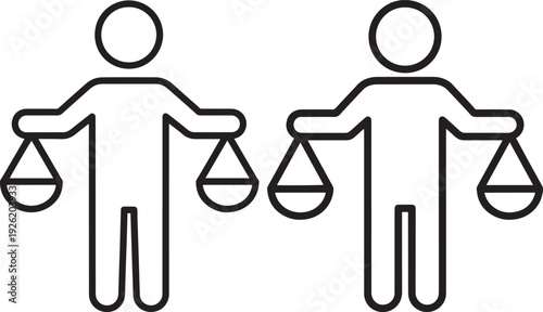 Two stylized figures holding scales of justice, representing fairness, law, and equality in a minimalist, modern vector graphic.