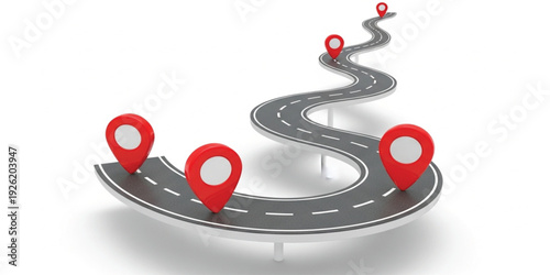GPS Navigation Route with Location Pins on Winding Road 3D Illustration, Map Direction Tracking and Travel Destination Concept for Delivery and Transport