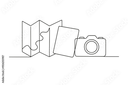 Minimalist Travel Essentials. "Vacation Essentials". Minimalistic one-line drawing flat lay of travel