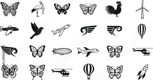 Flying Objects and Animals Icon Set with Butterflies, Airplane, Helicopter, Bird, Wind Turbine and Hot Air Balloon Silhouette Collection