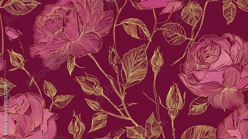A beautiful floral pattern with pink roses and gold accents