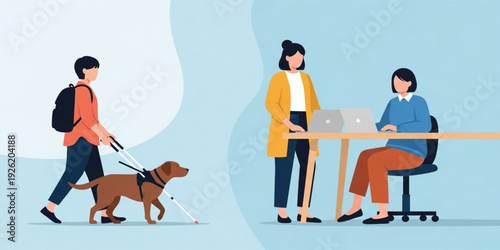 Inclusive Workplace and Accessibility Concept with Guide Dog and Visually Impaired Person in Office Meeting, Diversity, Equality and Supportive Business Environment Illustration