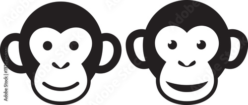 Two cute monkey faces, black and white simple illustration, with big eyes and smiles, representing joy, innocence, and playful characters.