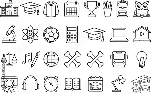 Education school icons set, graduation cap, learning tools, online study, academic subjects, student resources, modern teaching, digital classroom illustration