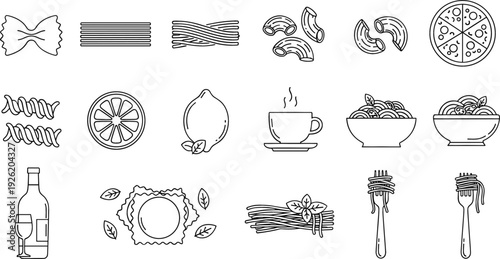 Italian Food Ingredients and Dishes Outline Icon Set with Pasta, Pizza, Lemon, Wine Bottle and Coffee Cup Vector Illustration Collection
