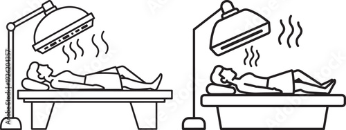 Two people receiving heat therapy, black outline illustration, showing relaxation and treatment under heat lamps on a white background.