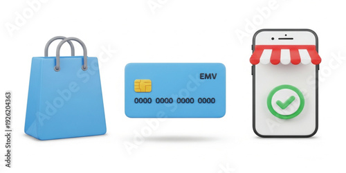 Online Shopping and Digital Payment 3D Icons with Credit Card Mobile Store and Shopping Bag, E Commerce Transaction and Secure Purchase Concept
