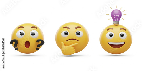 Set of Thinking Confused and Idea Light Bulb Emoji Faces 3D Style with Question Marks and Creative Inspiration Concepts