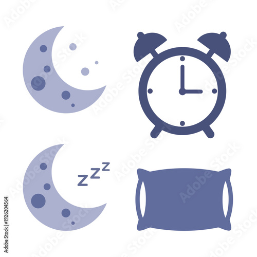 Alarm clock and pillow with crescent moon symbols representing sleep and rest in a serene graphic illustration