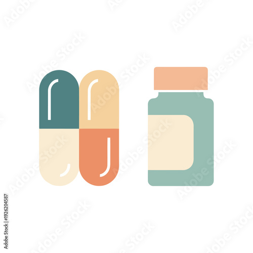 Illustration of pills and a bottle viewed from the front, depicting health and medicine in a simple graphic style.