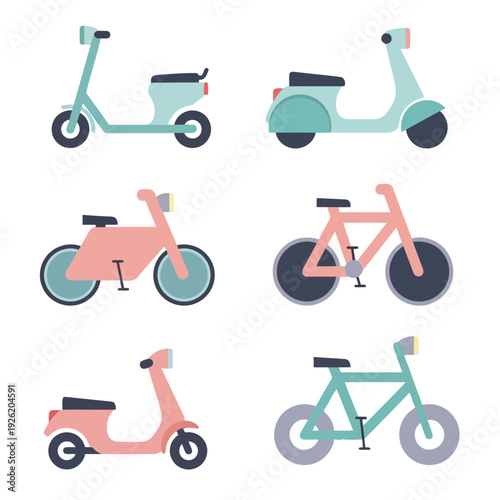 Collection of various bicycles and scooters in different colors and styles displayed together