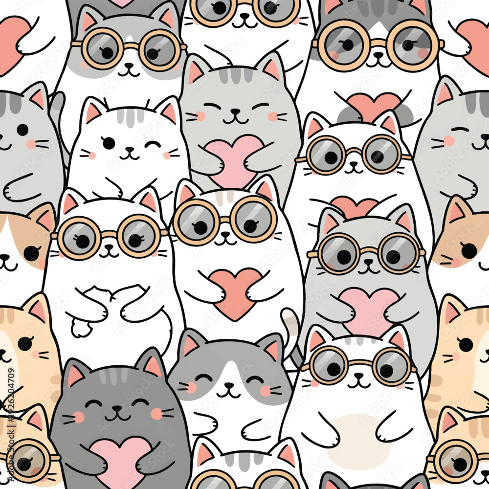 Naklejka premium Adorable Kawaii Cats Wearing Glasses Holding Hearts Pattern