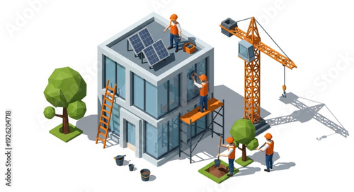 Construction Site with Workers and Crane.