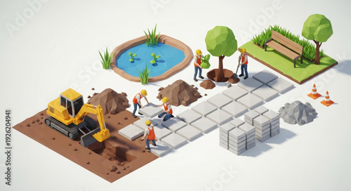 Construction Site with Workers and Equipment.