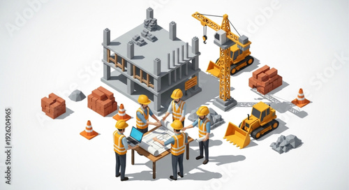 Construction Site with Workers and Equipment.