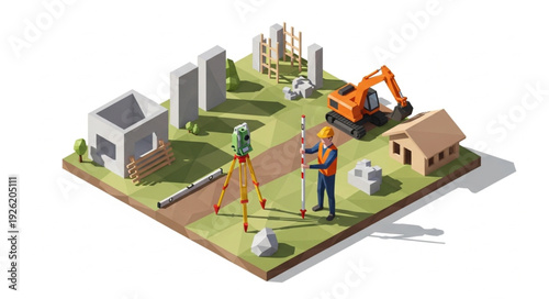 Construction Site with Workers and Equipment.