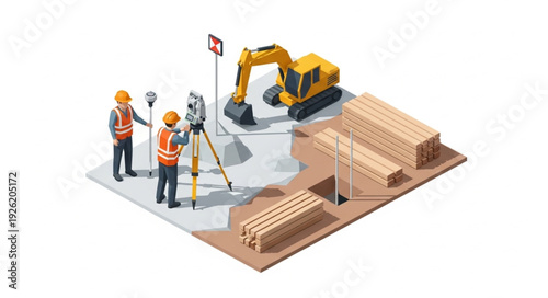 Construction Site with Workers and Excavator.