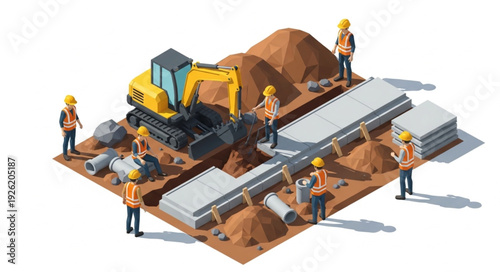 Construction Site with Workers and Machinery.