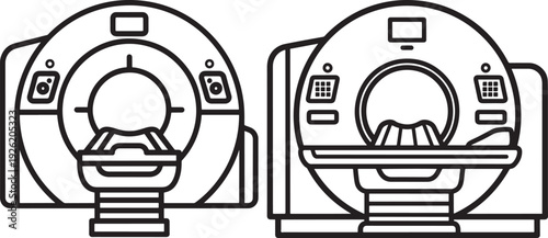 Outline drawings of two MRI machines, representing medical imaging, diagnostics, healthcare technology, and scientific research.