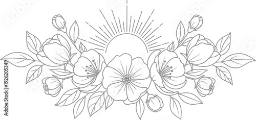 Elegant black and white floral line art illustration featuring blossoming flowers and a stylized sunburst design perfect for graphic enhancement projects.