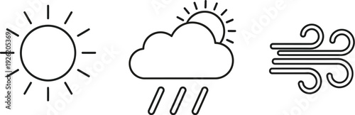 Simple black and white line art icons represent various essential weather conditions like sun rain and strong wind clearly displayed.