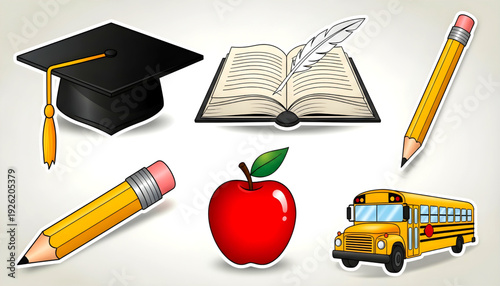 A collection of educational symbols including a graduation cap book pencil apple and school bus arranged neatly representing the concept of learning and education in a flat illustration style