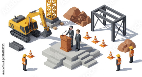 Construction Site with Workers and Machinery.