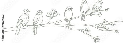 Minimalist continuous line drawing depicts five small songbirds perched peacefully together upon a thin, leafy tree branch against a soft light green backdrop