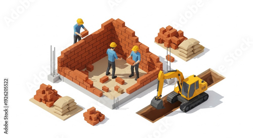 Construction Site with Workers and Machinery.