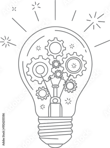 Simple black and white outline drawing illustrates the concept of a bright idea functioning with complex internal mechanical gears working together for innovation.