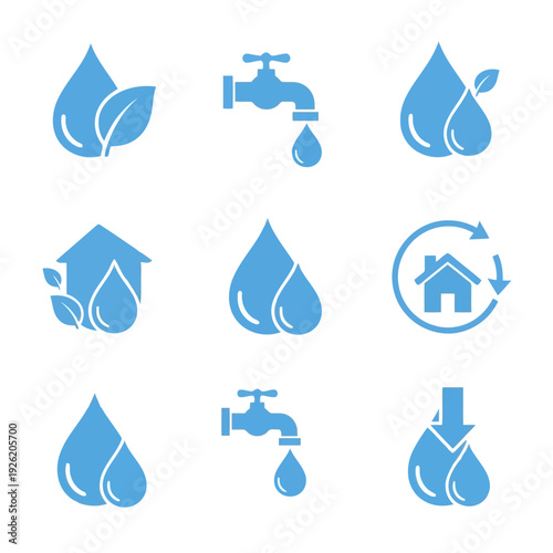Collection of blue water conservation icons featuring droplets, faucets, and eco-friendly elements in a grid layout