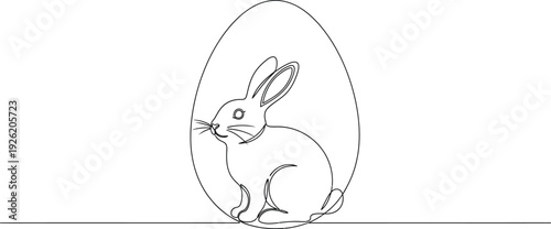 Minimalist continuous line art drawing depicts a cute bunny rabbit sitting inside a large oval easter egg shape on a flat surface.