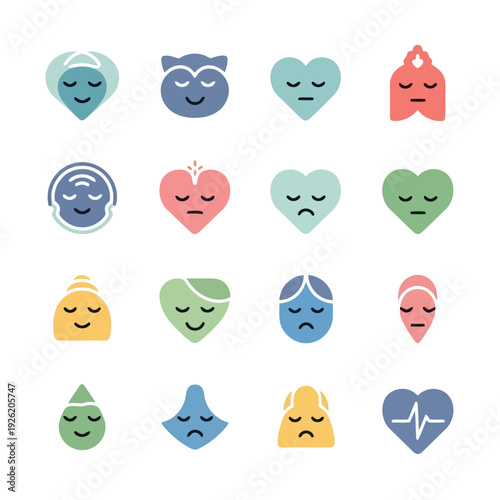 Collection of various emotive heart icons in different colors and facial expressions