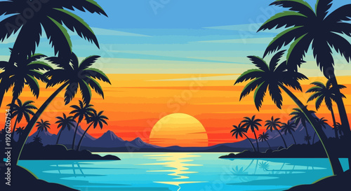 Pixel Art Tropical Sunset with Palm Trees and Ocean