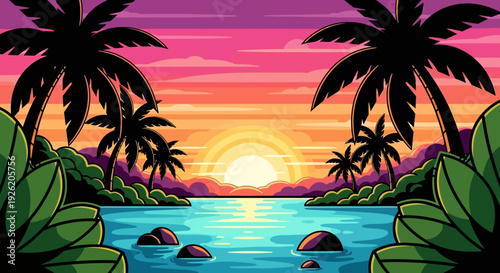 Pixel Art Tropical Sunset with Palm Trees and Ocean View