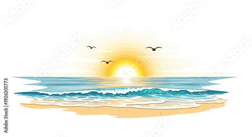 Serene ocean sunrise with gentle waves and flying seagulls, bright sunburst.