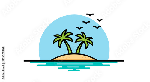 Tropical Island Paradise with Palm Trees at Sunset - Vector Illustration