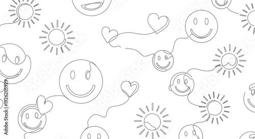 Seamless continuous line art pattern featuring happy smiley faces connected by flowing lines to radiating sun symbols and stylized hearts creating joy