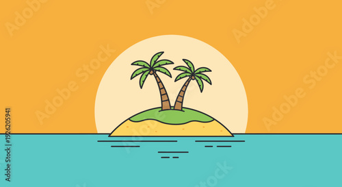 Tropical Island Sunset with Palm Trees and Ocean - Minimalist Flat Design