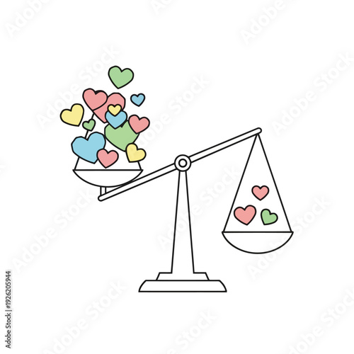 Colorful hearts in balance on vintage scale illustration showing equality and love