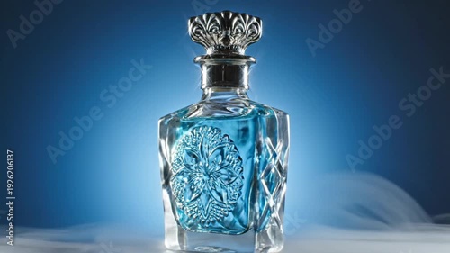 A tall, elegant bottle of blue liquid, with a decorative stopper, set against a gradient blue backdrop