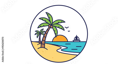Flat design tropical island beach with palm trees, sunset, and sailboat icon